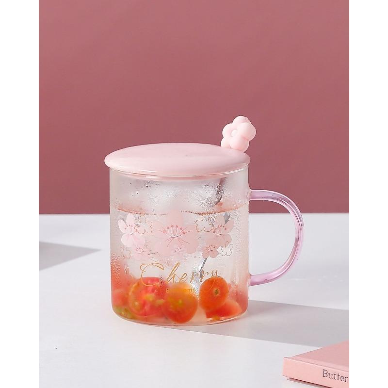 Summer Japanese Cherry Blossom Glass Cups for Girls High Appearance Level Household Water Cups High Temperature Resistant Large Capacity Milk Cups