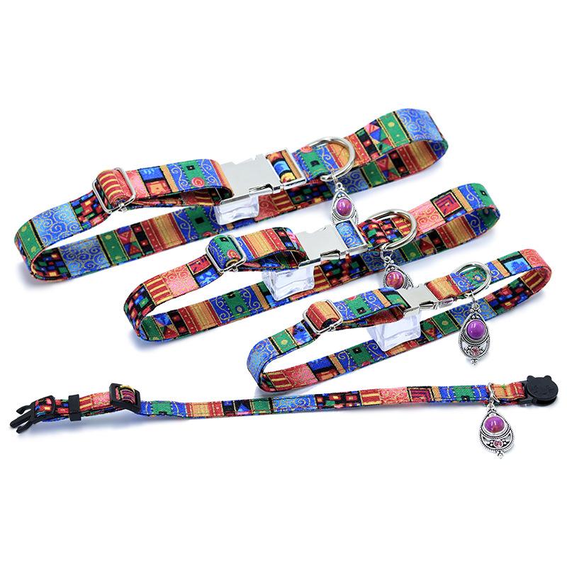 Pet Supplies Manufacturer Dog Printed Engraved Bohemian Vintage Cotton Eco-friendly Cat Necklace Collar Walking Accessories