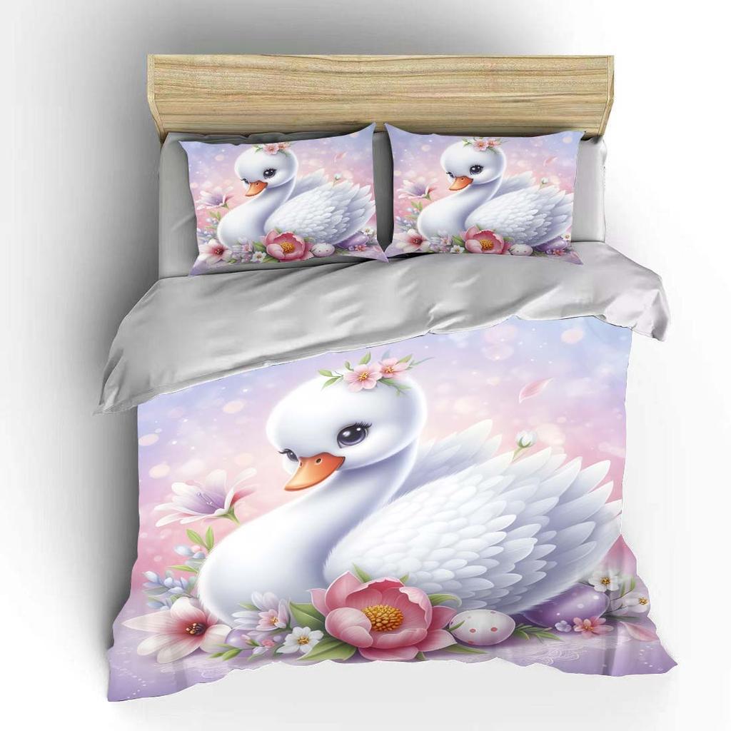 Swan With Floral Background Bedding Set For Kids Luxury Gift 3Pcs Digital Print Comforter Set Soft Comfortable Breathable