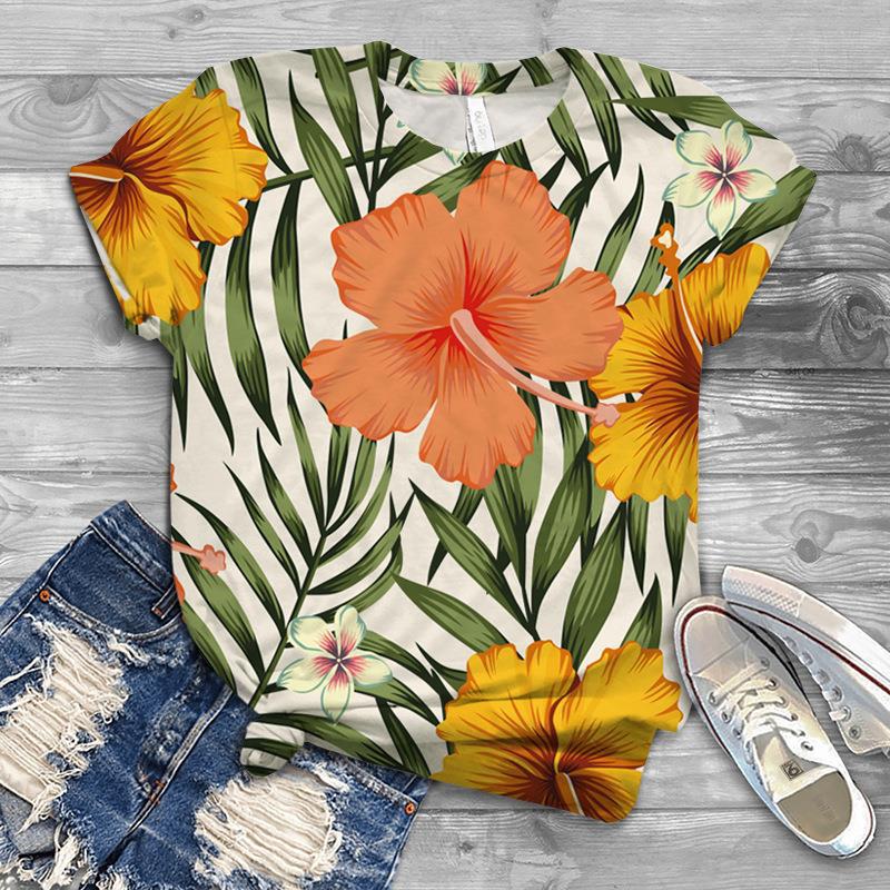 Damen Sommer Europäisch und Amerikanisch Neu 3D Freizeit Kunst Design Blumen Bedrucktes T-Shirt