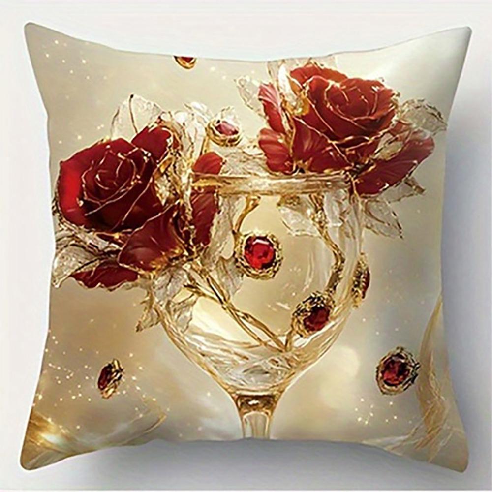 Red Roses On a Wine Glass PillowcaseSuitable for Sofa Car Bedroom Decorative Cushion Cover Pillow Cover