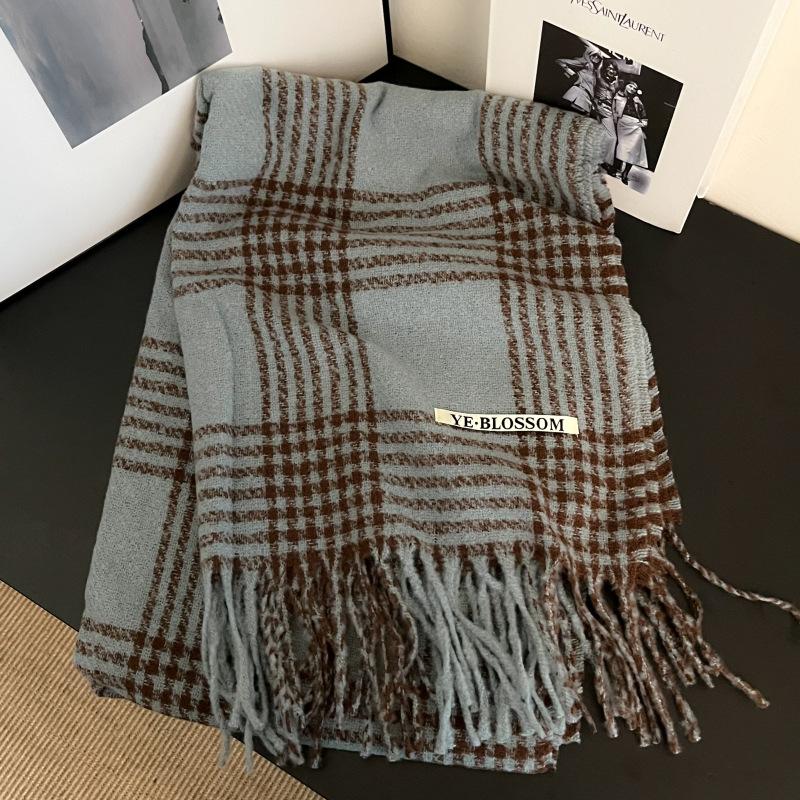 White sea salt blue plaid fringed scarf women s 2024 autumn and winter versatile warm couple shawl scarf men s genuine 200*65cm