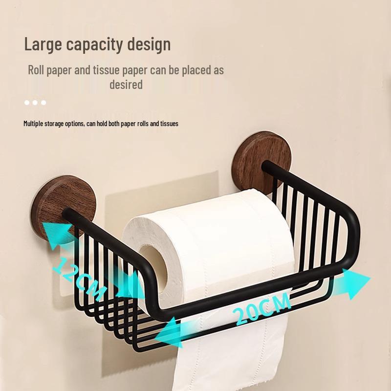 Black Walnut No-Drill Toilet Paper & Towel Holder with Trash Can