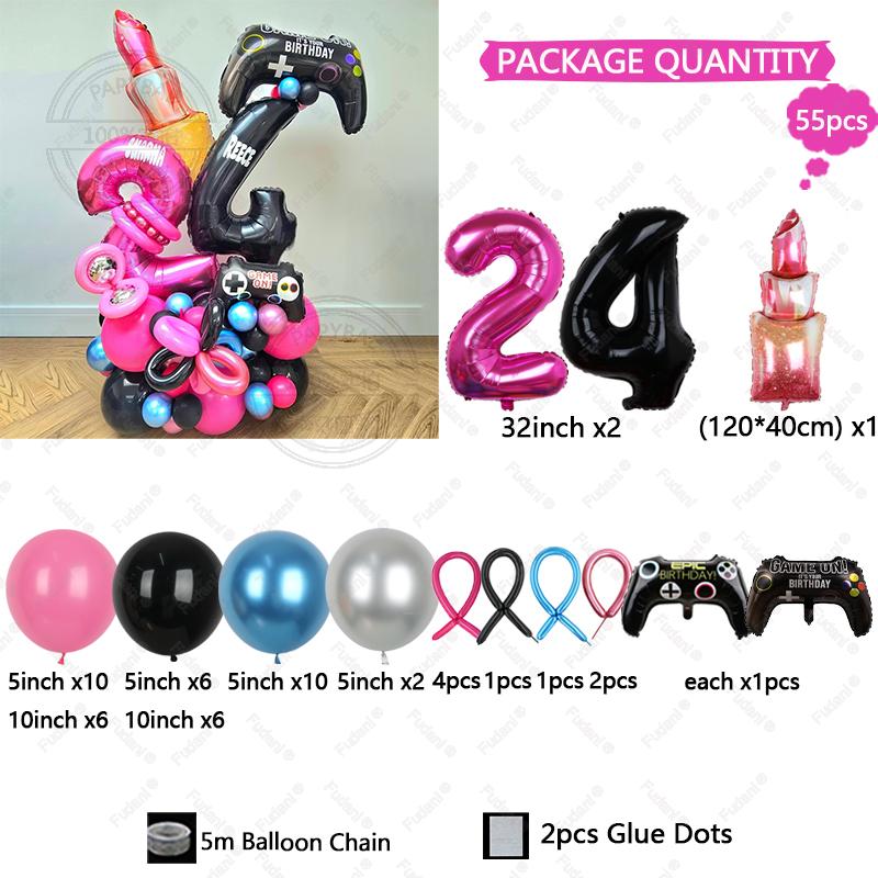 54pcs Red Lips Game Control Handle Black 1-9 Foil Digital Balloons Childrens Birthday Toys Party Decor Game Theme Party Supplies