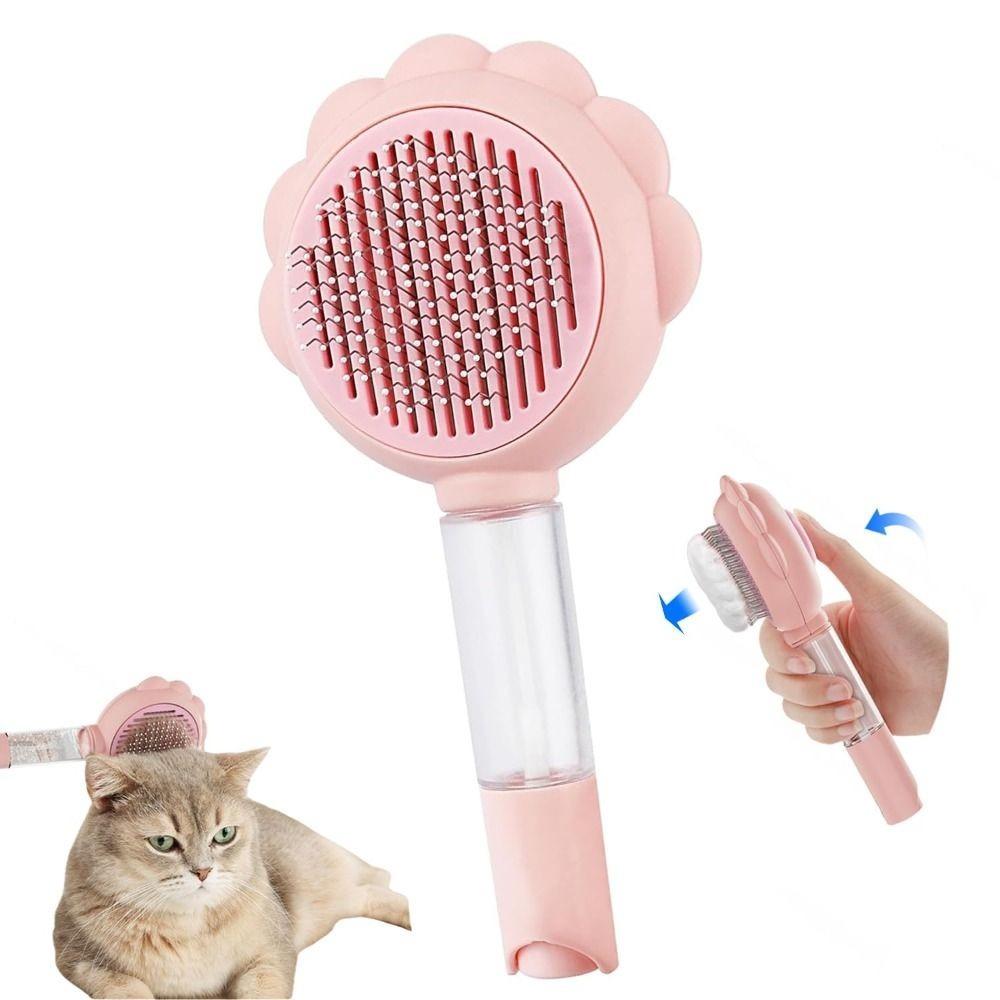 

Self Cleaning Pet Hair Removal Comb with Release Button and Spray Knot Removes Flea Comb Cat Grooming Brush розовый