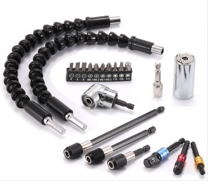 Extensie flexibilă de burghiu cu tijă hexagonală, set de biți de burghiu cu piuliță de burghiu, extensie de biți de burghiu flexibilă + adaptor universal cu soclu + șurubelniță Bi