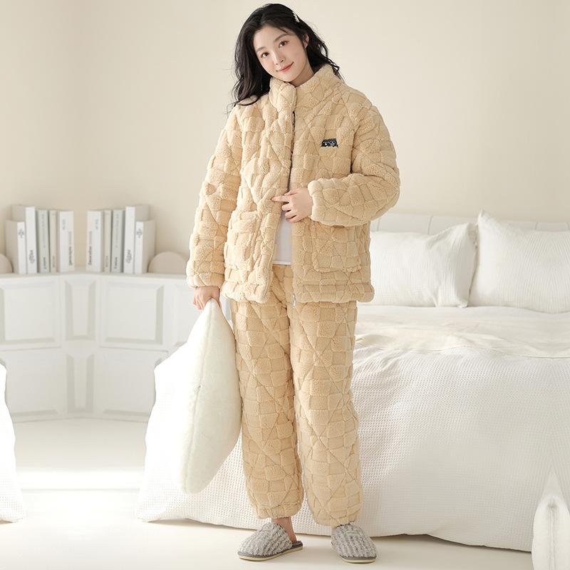 [Super Thick] Women's padded pajamas, thickened three-layer warm coral fleece padded jacket, high-collar loungewear set in winter