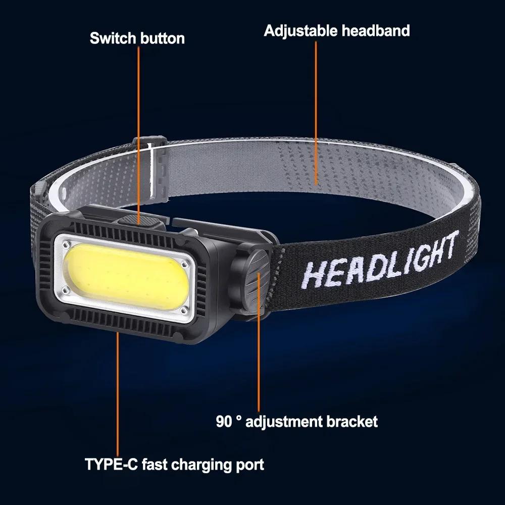 LED Headlamp COB Portable Powerful Rechargeable Headlight Built-in Battery Waterproof Head Torch Head Lamp Hiking Camping Lamp