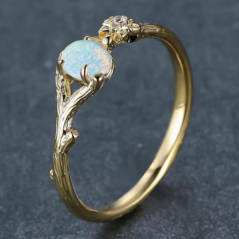 Cushion Cut Square Rainbow White Fire Opal Rings For Women Gold Horse Eye Zircon Charm Leaf Wedding Bands Party Jewelry CZ
