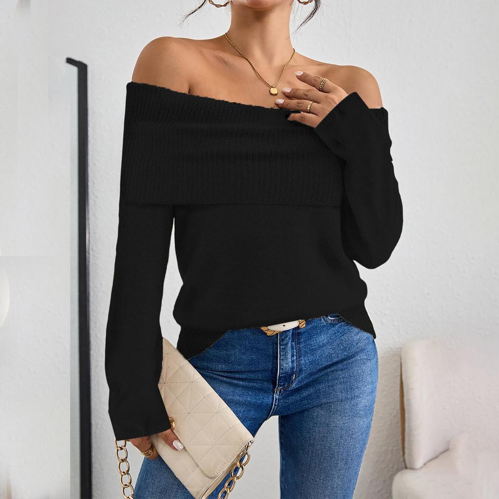 Women Solid-color One-shoulder Slim And Fashionable Long-sleeved Knitted Sweater Top