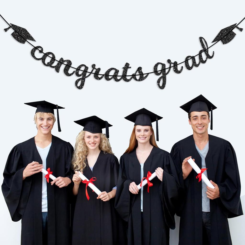 Congrats Grad Banner Decorations - Hanging Glitter Graduation Banner with Cap Garland Sign Bunting for Graduation Celebration Photo Backdrop, College