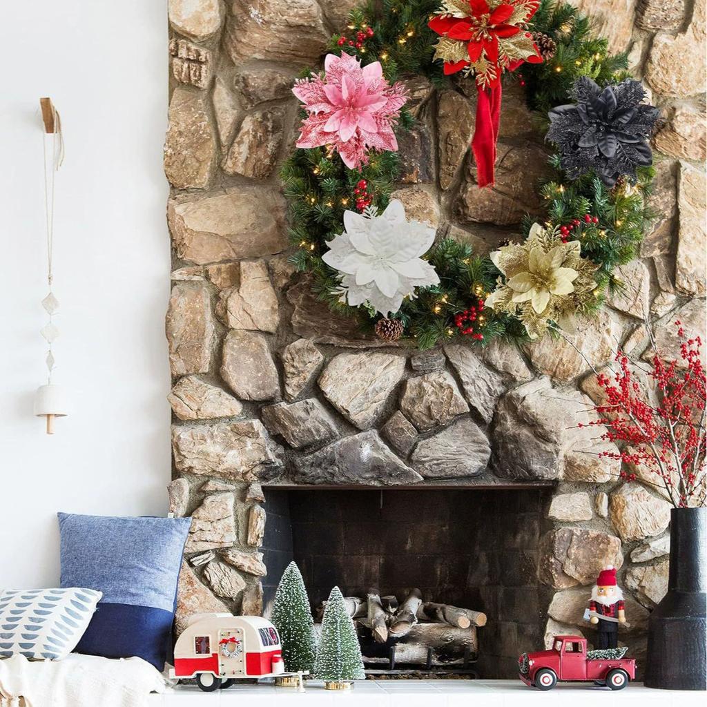 Glitter Artificial Poinsettia Flowers Christmas Tree Ornament Home Decor Sparkling New Year's Xmas Festive Flower Heads