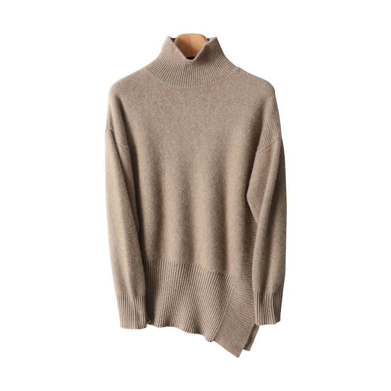 2025 A/W Women's Cashmere Wool Sweater: High Neck, Slit, Loose, Thick, Mid-Length