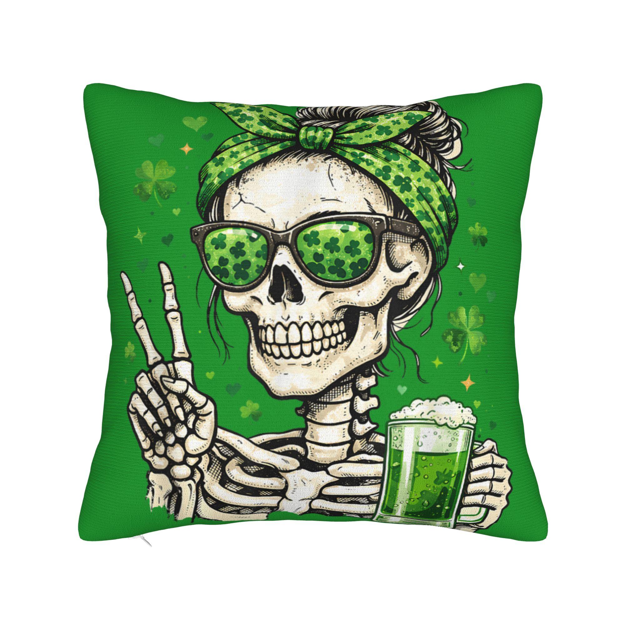 Skull Sunglass Messy Bun Irish Funny St Patricks Da Pillowcases  Funny Pillow Case For Sofa Car Home Decor Print Pillow Cover 30x30cm 12x12in
