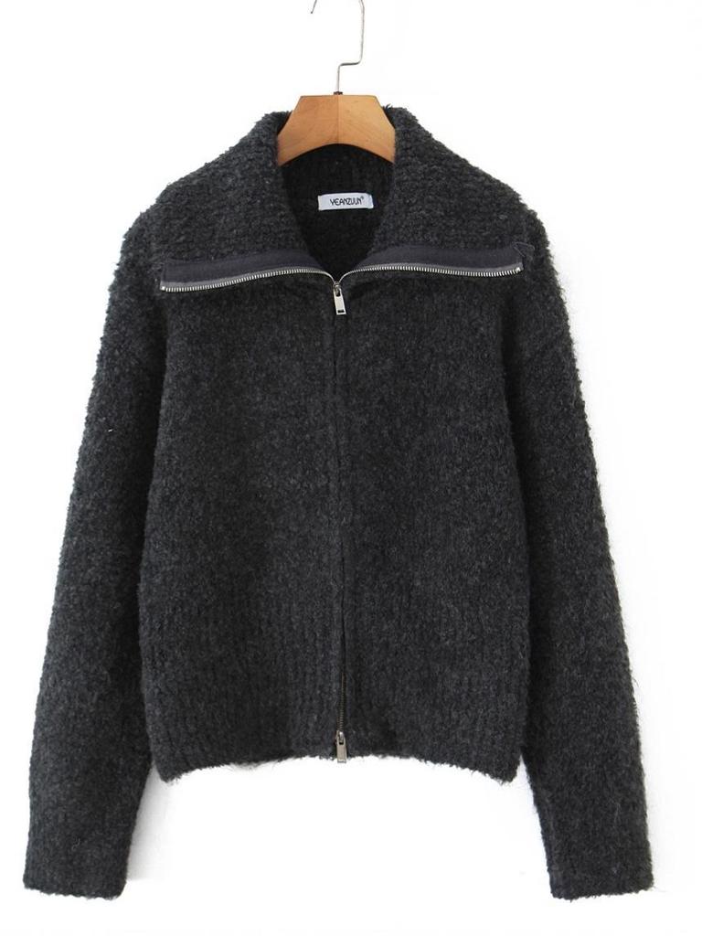 2025 Autumn/Winter Women's Double Zipper Lapel Cardigan Sweater - Versatile Casual Top
