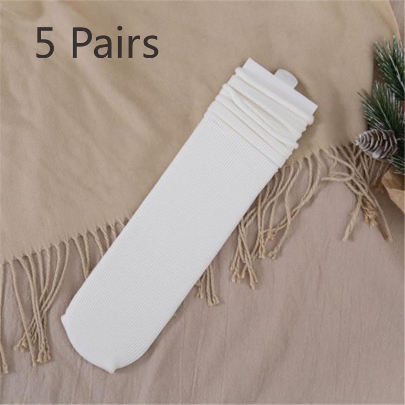 5 Pairs of Women's New Fall Vintage Stripes Solid Color Mid Tube Pile Socks
