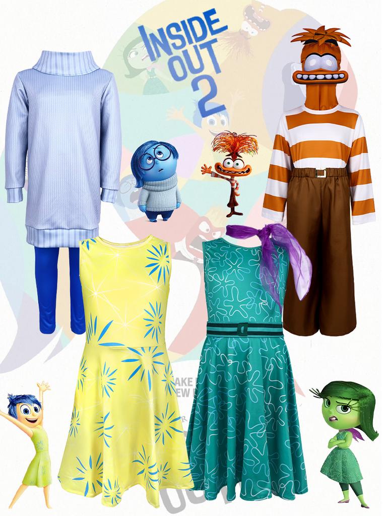 Costume Cosplay Personaggio Joy Inside Out 2 Cartone Animato Anime Set di Vestiti per Bambini e Bambine con Maschera Festa di Halloween Compleanno Tuta Cosplay Set