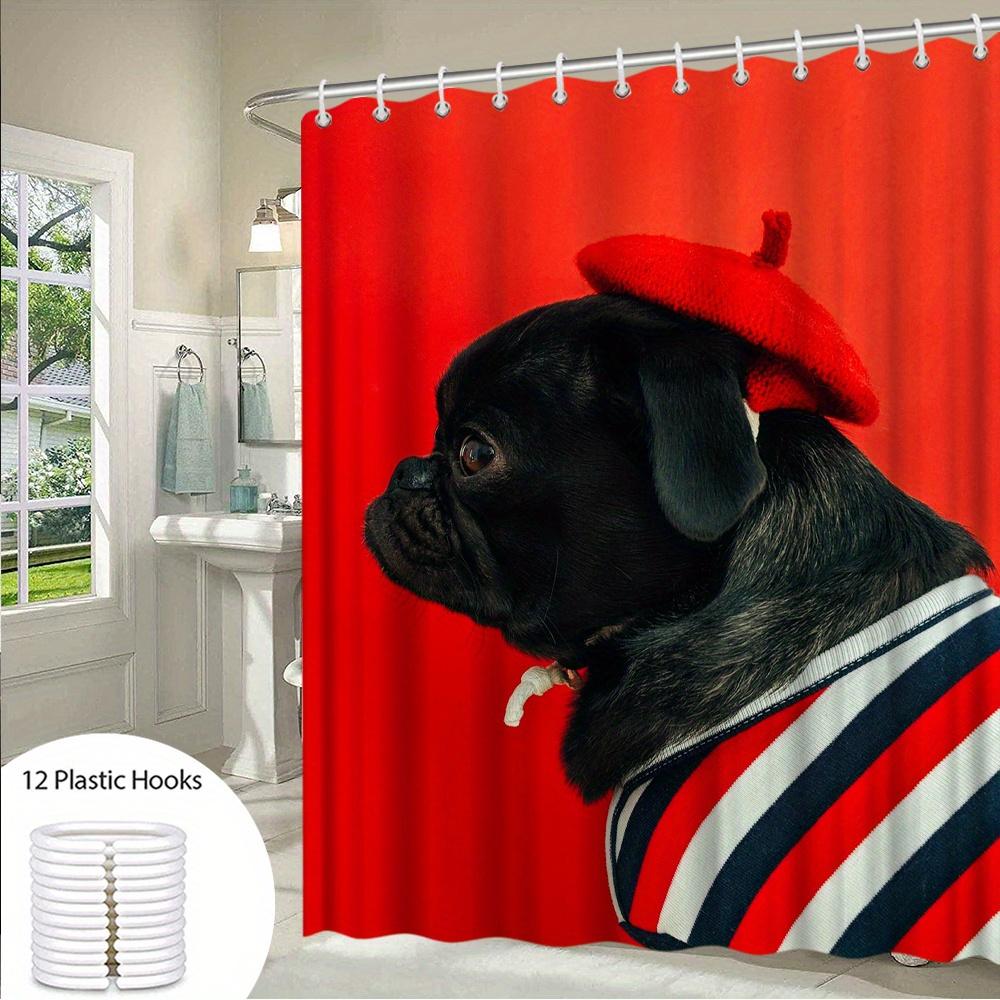 Charming Pug In Beret Bath Curtain - Cute Dog Shower Curtain For Pet Lovers, Funny French Bulldog Bathroom Decor