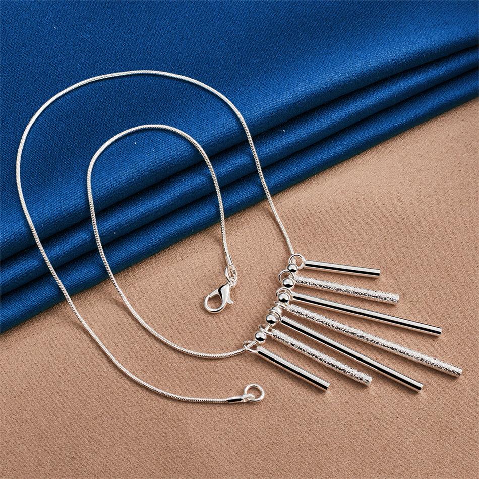 925 Sterling Silver Delicate Frosted Polished Column Necklace - Women's Fashion Party Wedding Gift Jewelry
