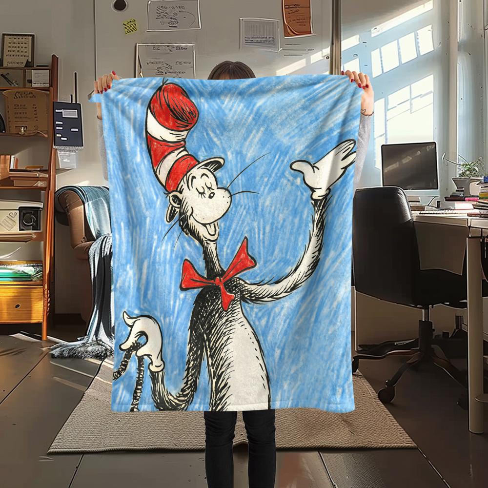 The Cat in the Hat Print Flannel Blanket, High quality Comfortable for All Seasons, Home Decor, Warmth and Comfort