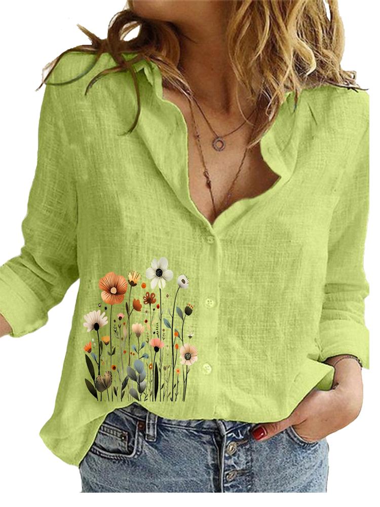Damska Modna Bawełniana Lniana Bluzka Wiosna&lato Codzienny Luźny Top Damska Koszula z Kwiatowym Wzorem Długi Rękaw
