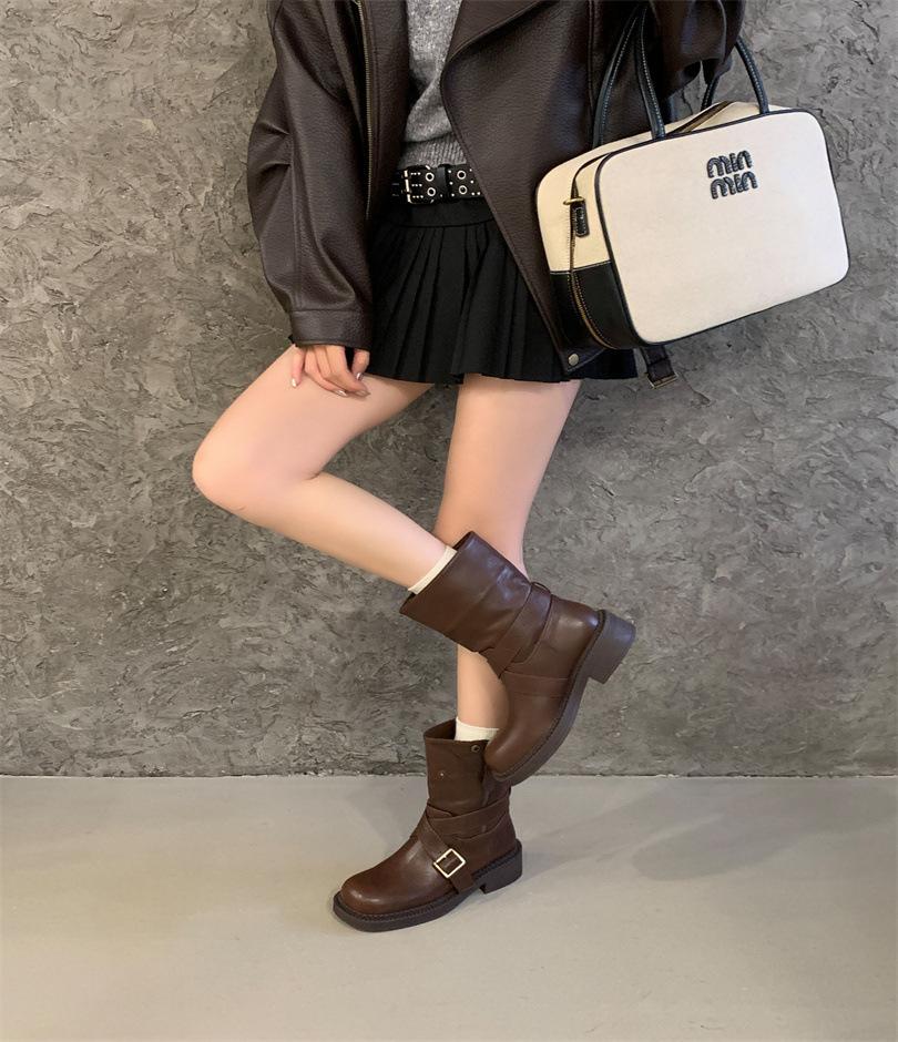 Retro British style round head belt buckle Martin boots women's 2025 autumn and winter new soft-soled versatile Chelsea short boots