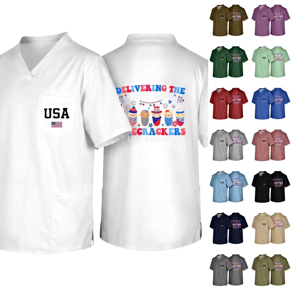 Men's V Neck Work Shirt Short Sleeve Pocket Top with USA Print Suitable for Healthcare and Labor Day Uniforms