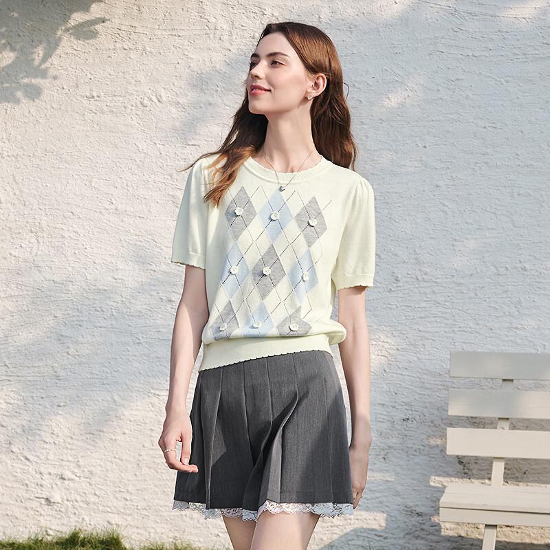 BETU Women's Puff Sleeve Diamond Jacquard Knit Top