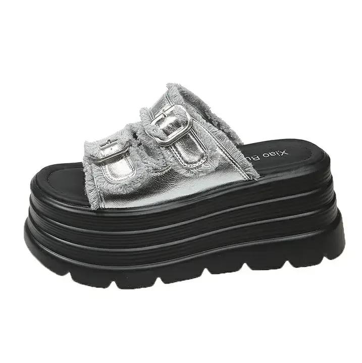 8CM Klobige Plateau Canvas Sandalen Damen Dicke Sohle Keilabsatz Hausschuhe Weiblich Neu Sommer Rutschfest Strandschuhe Frau Schnalle Pantoletten