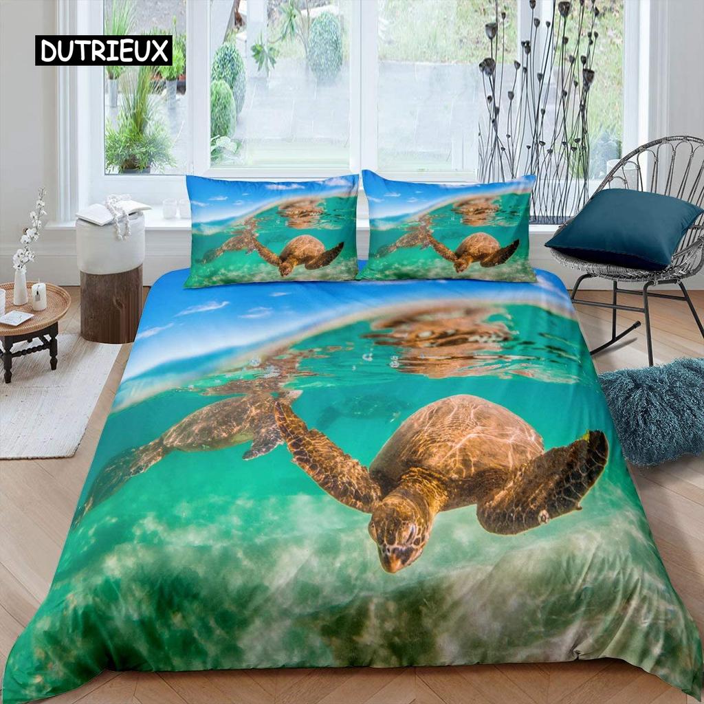 Sea Turtle Duvet Cover Sea Turtle Jellyfish Coral Reef Bedding Set Microfiber Blue Ocean Underwater World Queen King Quilt Cover