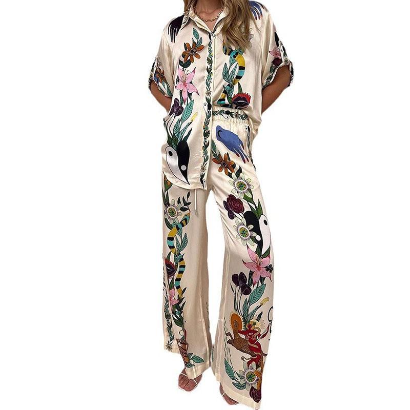 Dress Women's Fashion Suit Casual Loose Shirt Printed Pantsuit