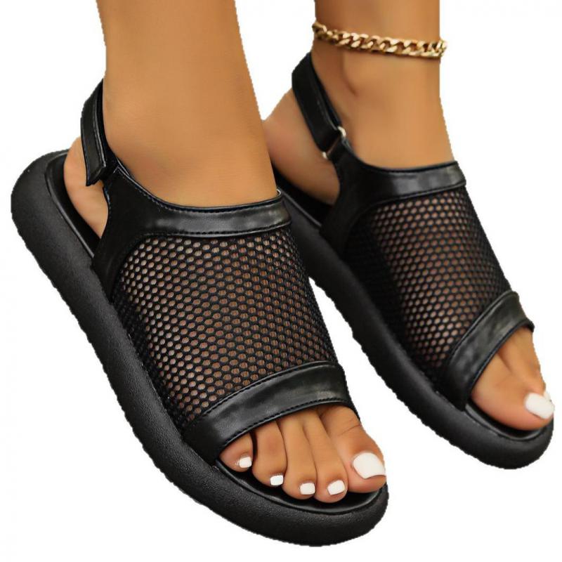Fashion Summer Breathable Mesh Sandals Women Open Toe Flat Sandals Casual Fish Mouth Plus Size New Korean Comfort Beach Low Heel Sandals
