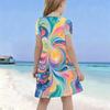 Girls Round Neck Short Sleeve Colorful Swirl Printed A Line Flared Dress