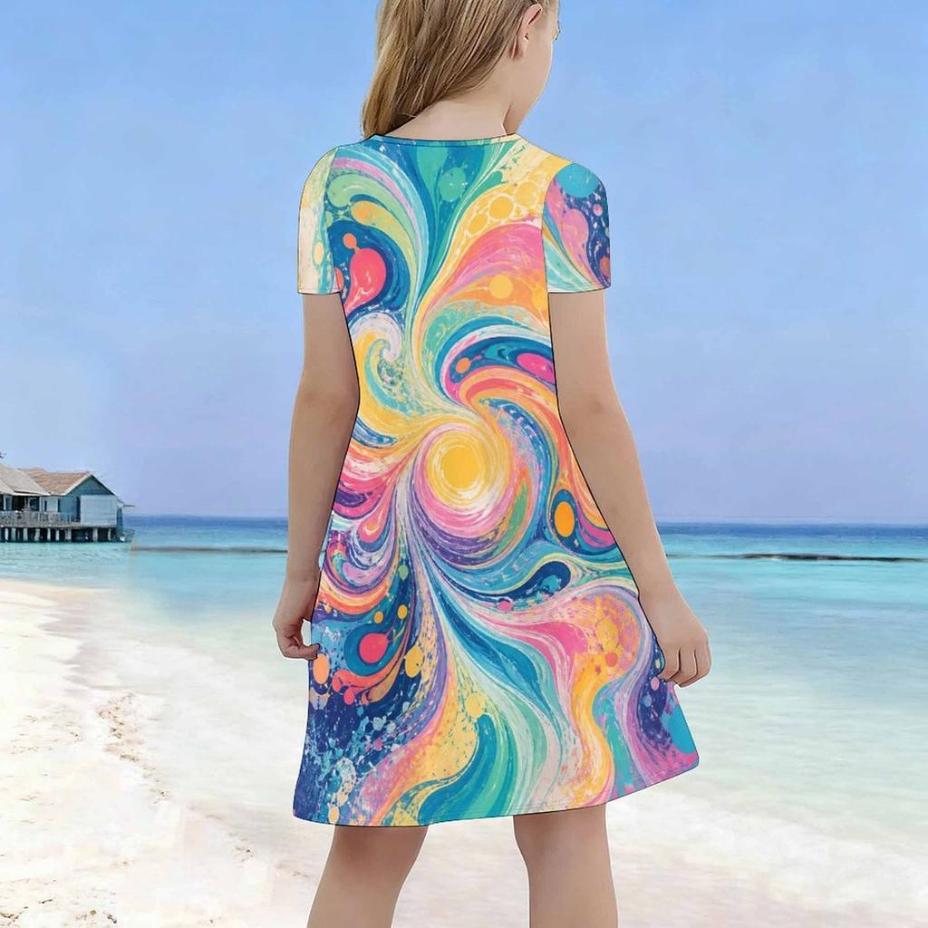 Girls Round Neck Short Sleeve Colorful Swirl Printed A Line Flared Dress
