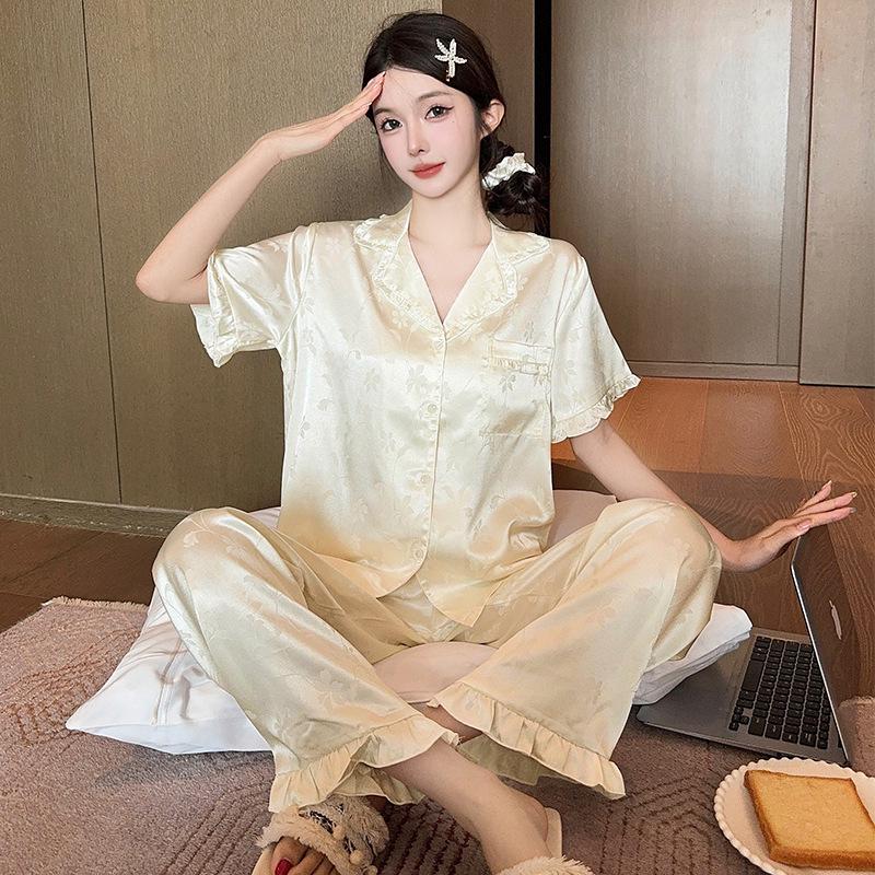 Women's Floral Ruffle Pajamas: Light Luxury Ice Silk Long Sleeve Two-Piece Set for Spring and Autumn