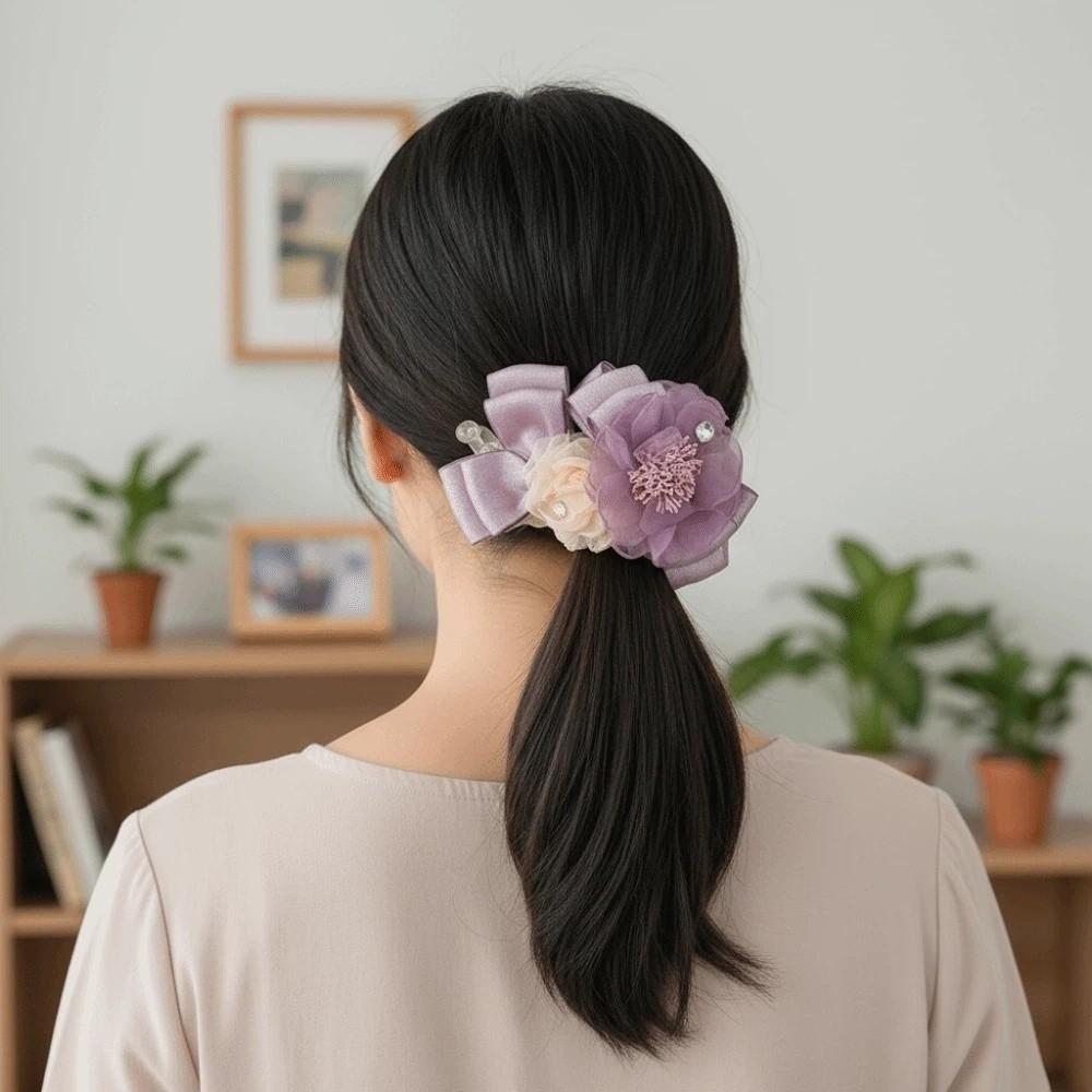 Elegant Flower Banana Clip Resin Women Ponytail Holder Shark Clip Purple Mesh Vertical Clip Party