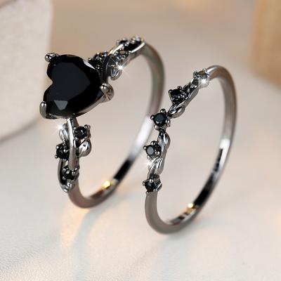 Vintage Heart Cut Black Zircon Stone Ring Set Wedding Engagement Ring for Women Luxury Jewelry