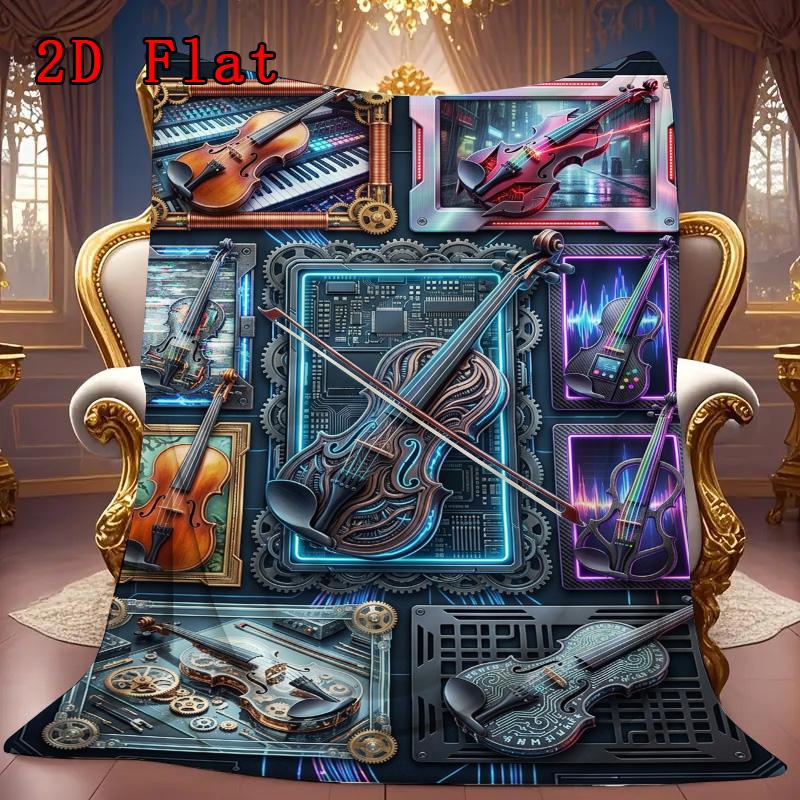 Futuristic Violin Innovations 2D Flat Pattern Flannel Blanket, High Quality All Seasons, Home Decor, Warmth and Comfort, Perfect for Christmas Gifts.