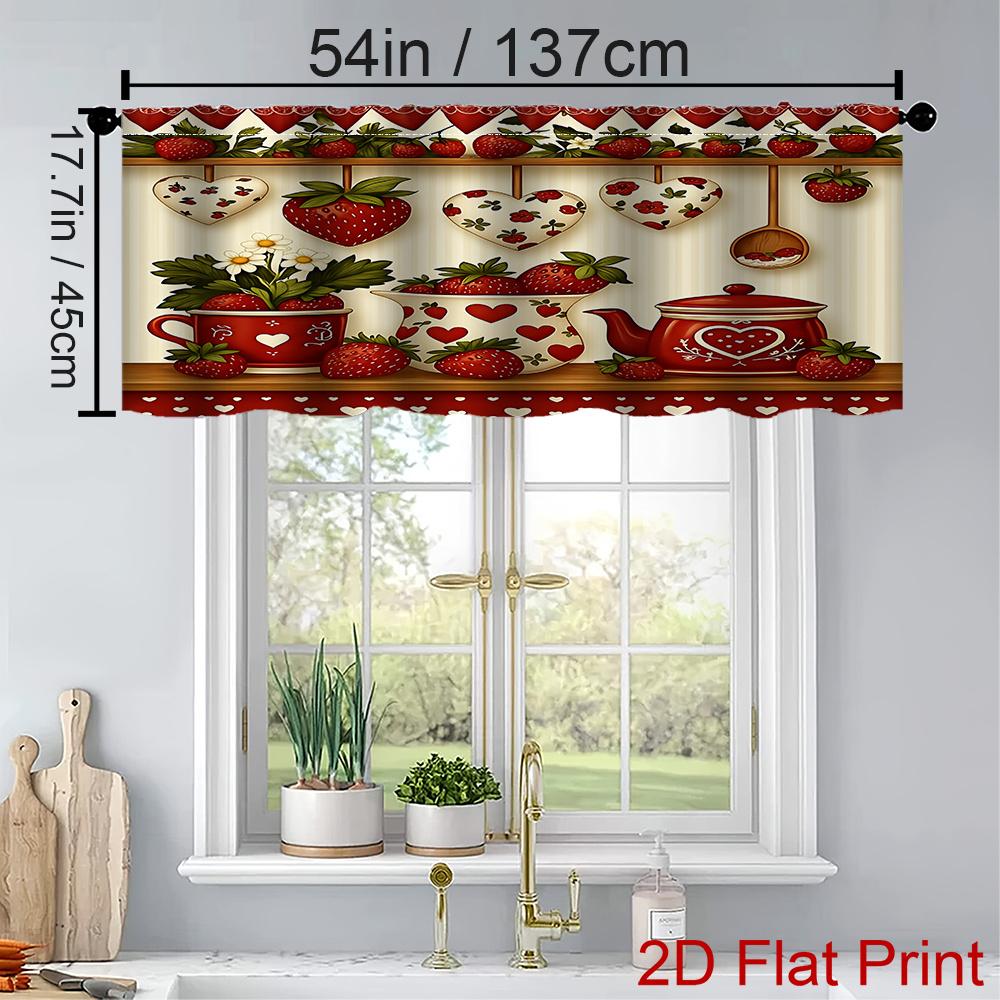 VIKAMA 1/2Pcs Strawberry Blackout Rod Pocket Curtain, Heart Leaves Print Polyester For Living Room Kitchen Bedroom