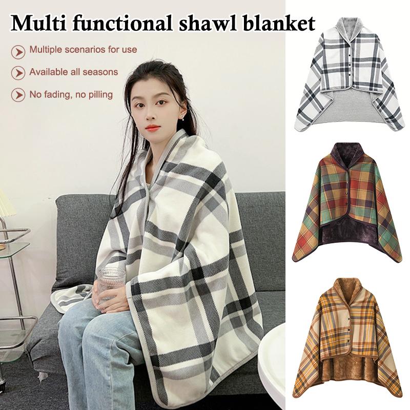 Wearable Plaid Fleece Blanket With Button Winte Warm Throws On Sofa Bed Travel Thicken Bedroom Office Air Conditioning Blanket