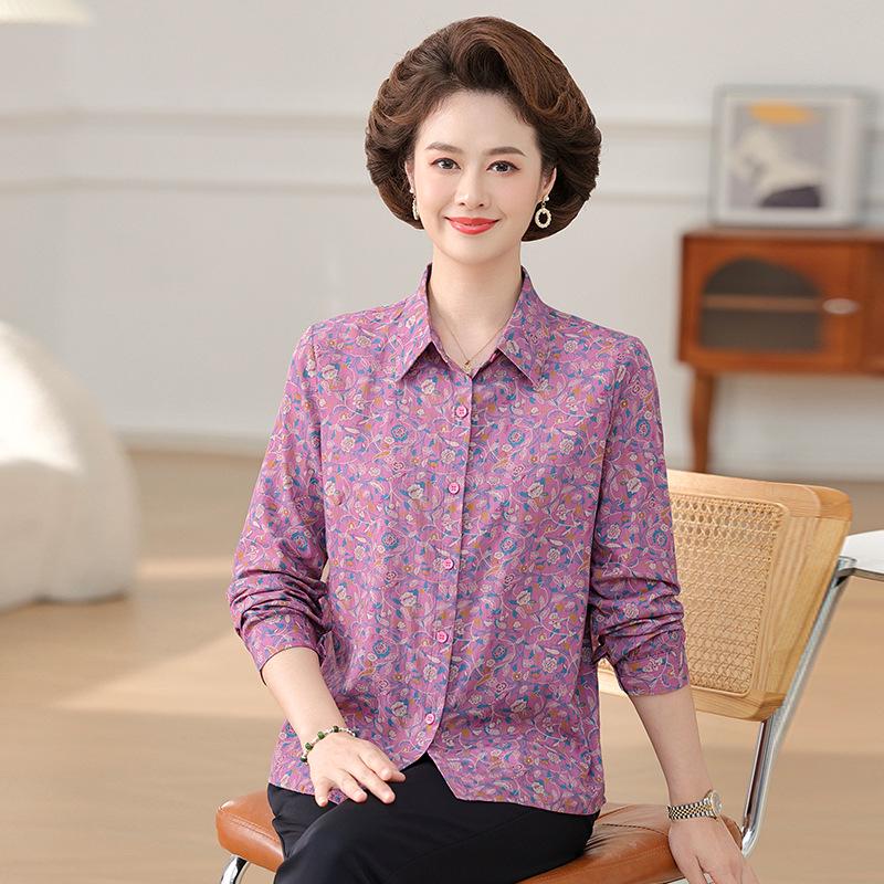 Mom's Spring Floral Long Sleeve Cotton Shirt for Middle-Aged & Elderly Women