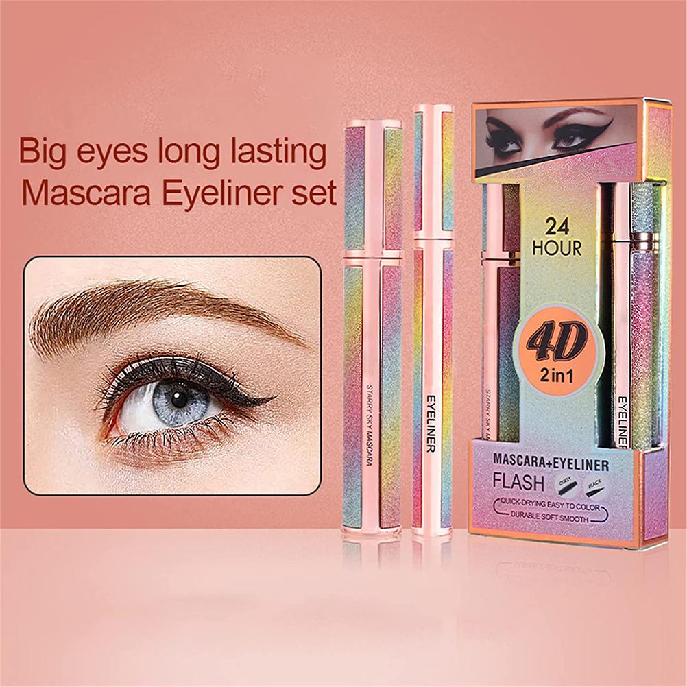 4D Silk Fibre Mascara and Eyeliner Set Smudge Proof Curling Mascara Liquid Eye Liner Pencil Eye Make Up Tool