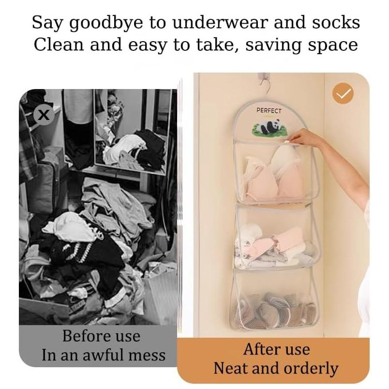Multi Layer Mesh Storage Hanging Bag,Hanging Storage with Metal Hanger Mesh Pockets for Bra Socks,Pockets Hang Store Bag for Door Wall Closet
