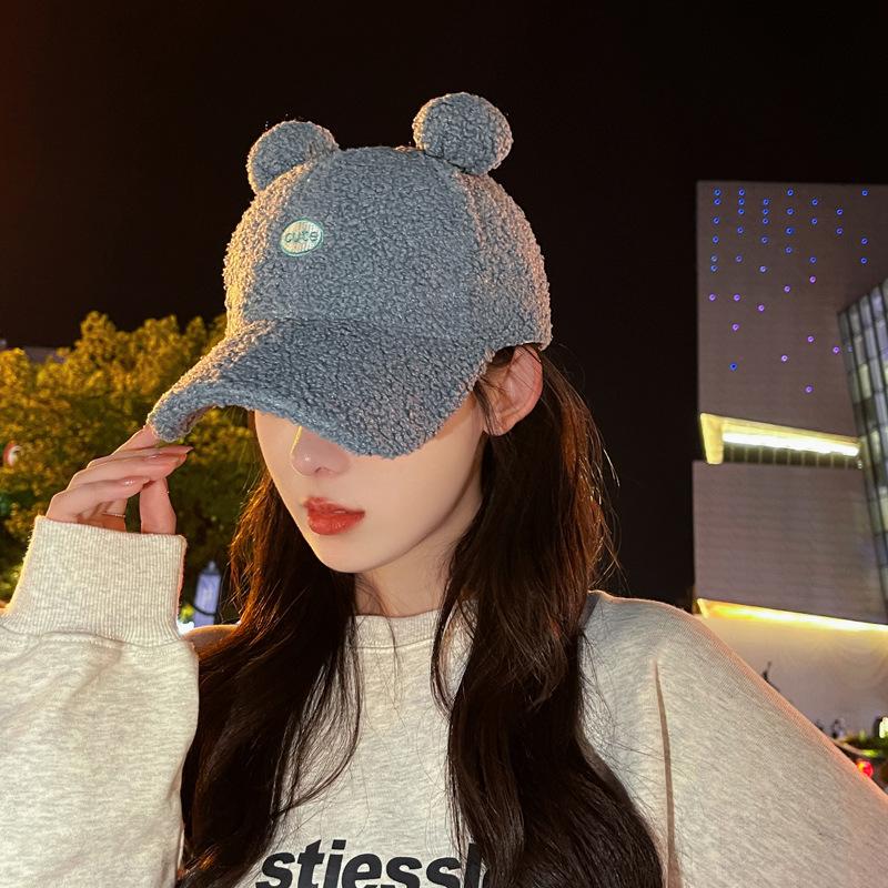 Korean Version of Autumn and Winter Warm Cartoon Hat for Women Imitation Lamb Fur Baseball Hat for Women Cute Student Fur Ball Ear Baseball Cap