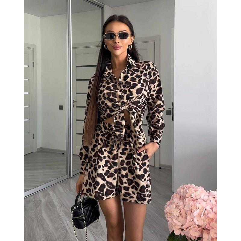 Sommer Europäischer und Amerikanischer Anzug Damen Leopardenmuster Langarm Strickjacke Hemd Damen Shorts Amazon Damen Zweiteiler