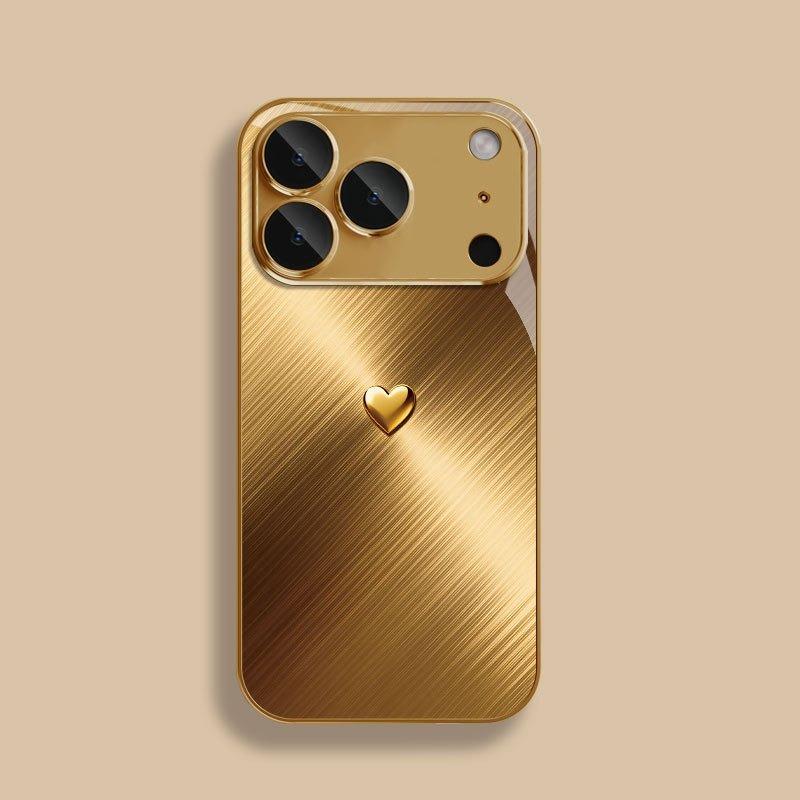 Golden Love Heart Pattern Gold Metallic Paint Glass Phone Case For iPhone 17 Pro Max 11 12 13 14 15 16 Plus 17Air 16E Cover
