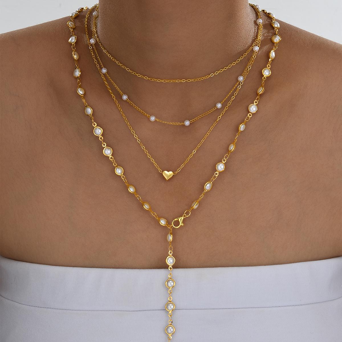 

4 Pcs/Set Vintage Elegant Faux Pearl Heart Pendant Necklace for Women Fashion Metal Y-Necklace Daily Party Wear Jewelry Gifts