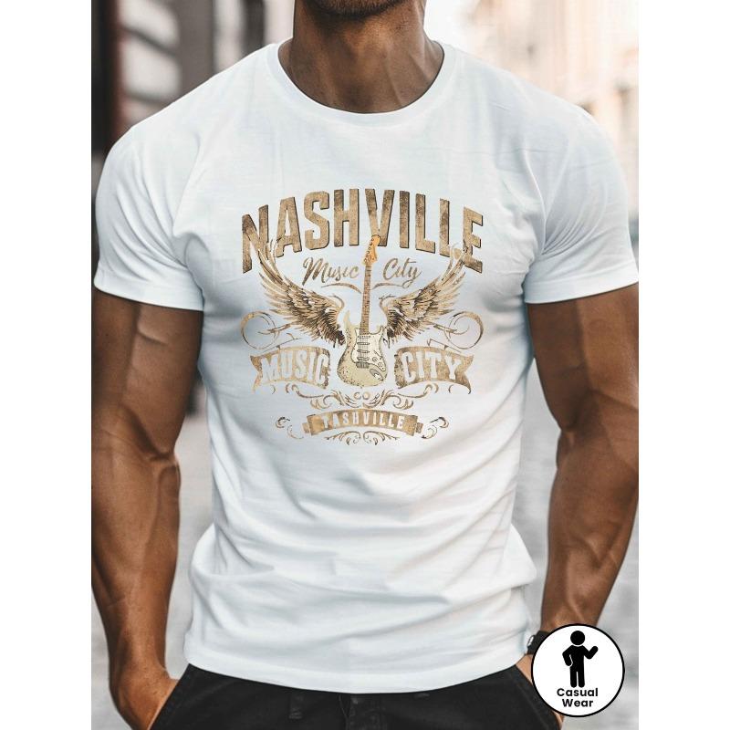 Europäische Größe Herren Nashville Music City Gitarren Grafik T-Shirt - Schwarz mit Goldener Schrift, Lässiges Kurzarm Rundhals Sommer T-Shirt