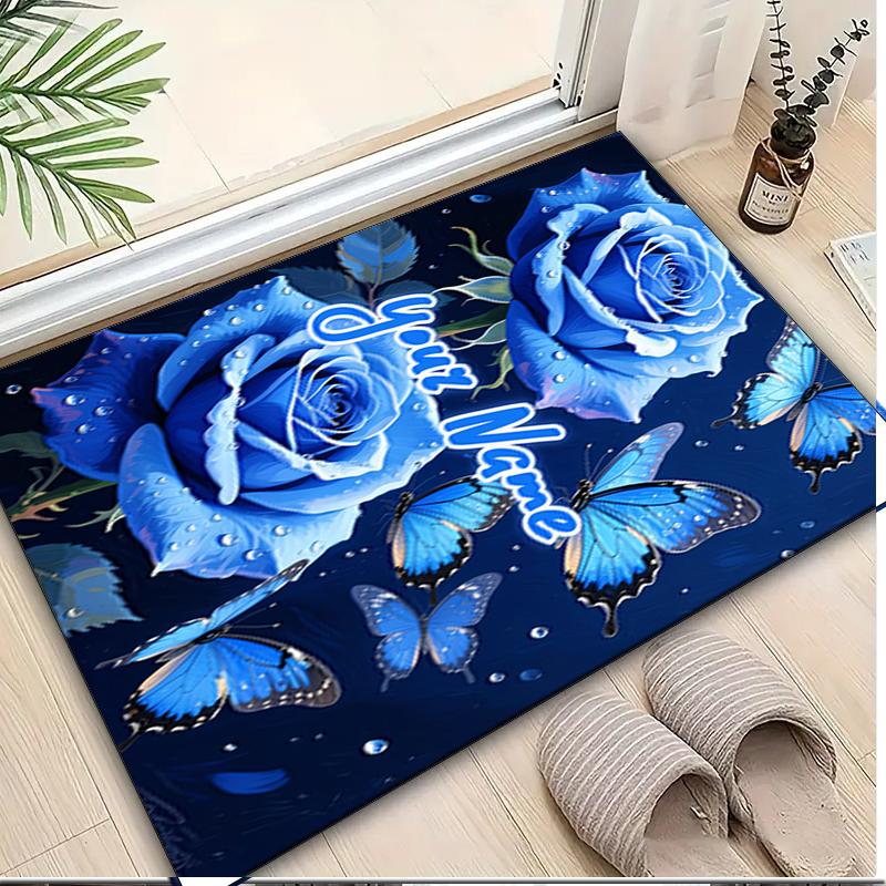 1PC Custom Name Blue Roses Butterflies Theme Floor Mat Ideal for Living Room, Game Rooms, Office, Bedroom, Office Floor Mat , Floor Mats for Home