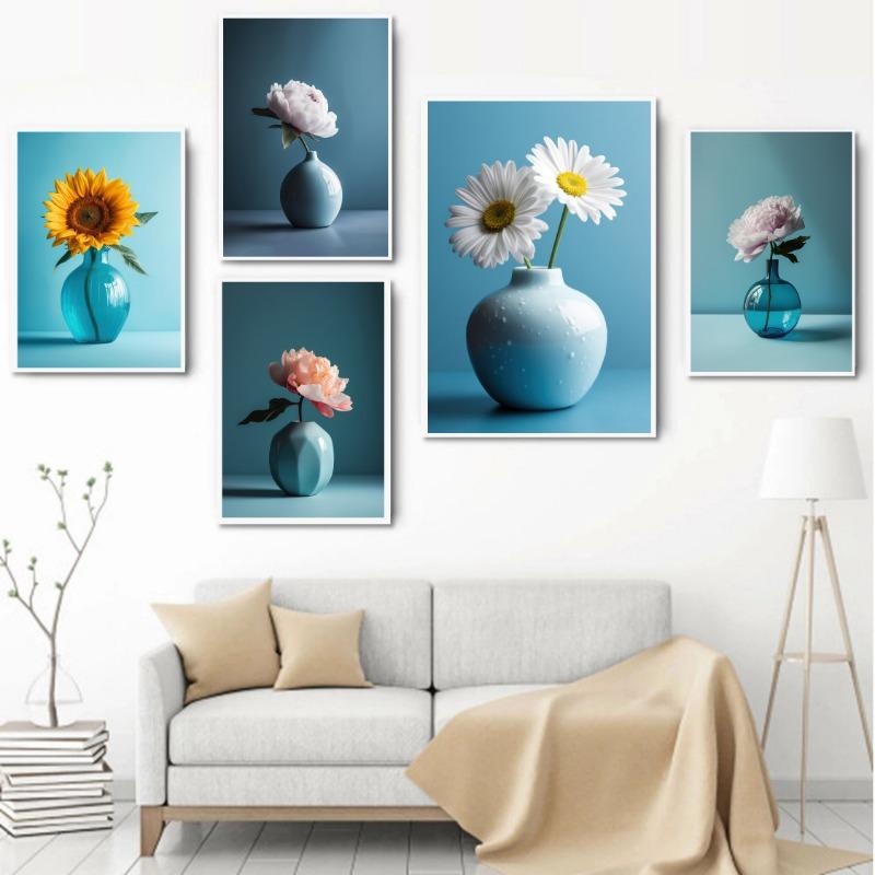 Classic Simple Still Life Blue Vase Flowers Arrangement Poster Canvas Painting Printing Art Pictures Home Room Wall Decor Gift